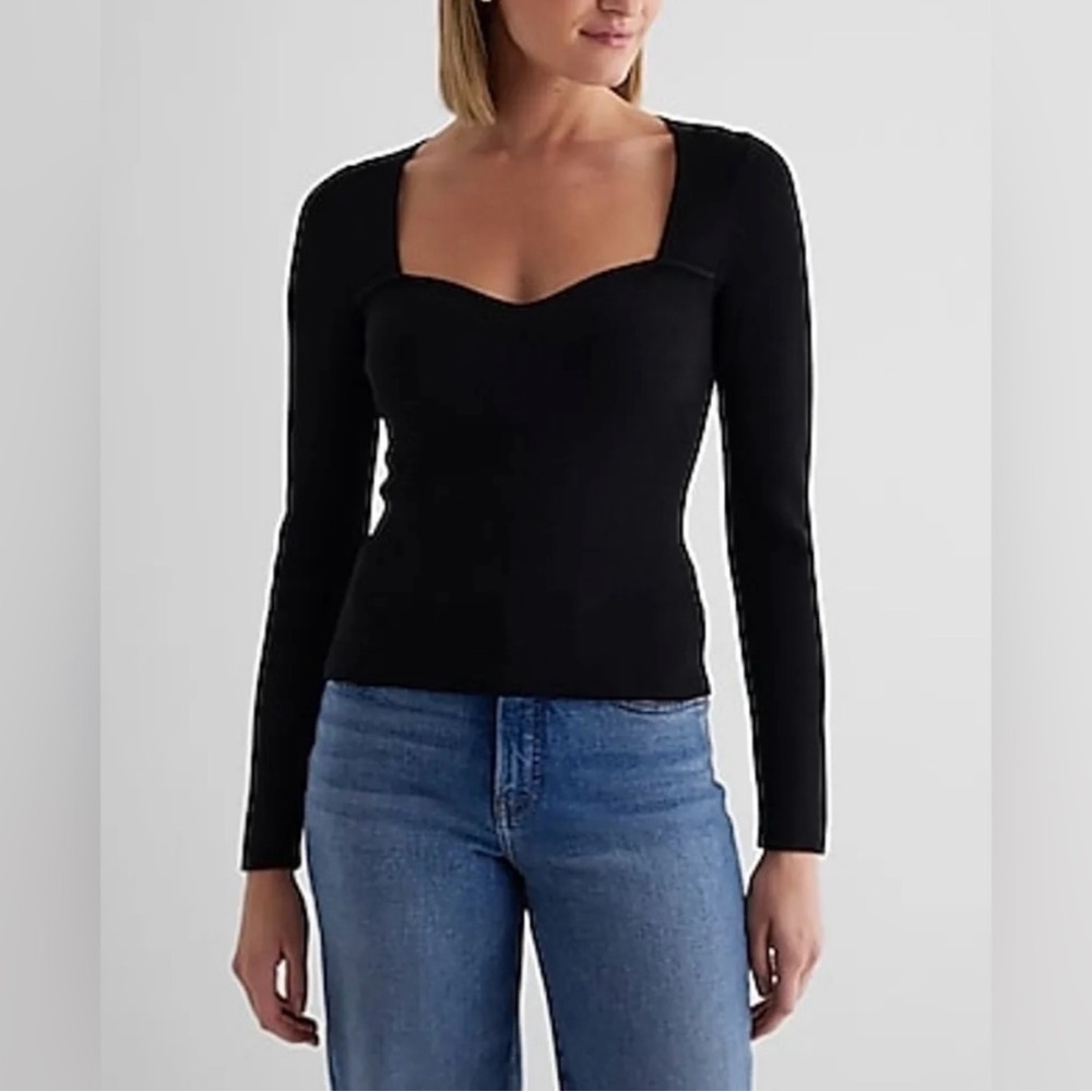 Express Black Ribbed Long Sleeve Top Sweetheart Neckline